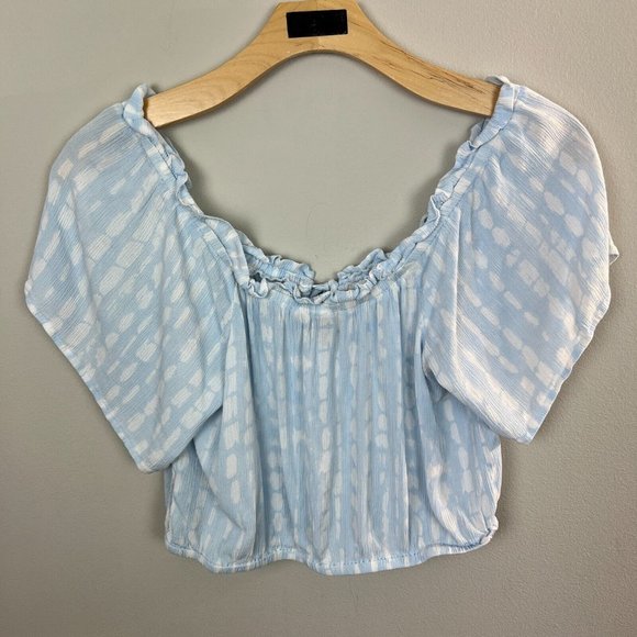 Torrid Crop Top 1X Blue White Off Shoulder V-Neck Tie Dye Gauze Lightweight - Picture 5 of 9